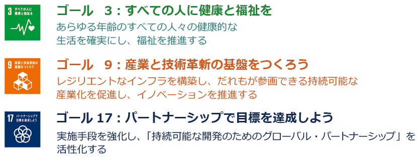 ゴール3：すべての人に健康と福祉を あらゆる年齢のすべての人々の健康的な生活を確実にし、福祉を推進する／ゴール9：産業と技術革新の基盤をつくろう レジリエントなインフラを構築し、だれもが参画できる持続可能な産業化を促進し、イノベーションを推進する／ゴール17：パートナーシップで目標を達成しよう 実施手段を強化し、「持続可能な開発のためのグローバル・パートナーシップ」を活性化する