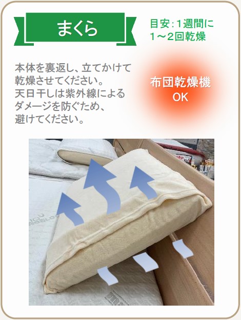 まくらのお手入れ目安は2週間に1、2回。本体を裏返し、本体を裏返しにして立て掛けて乾燥させてください。天日干しは紫外線によって本体が黄変しますのでお避け下さい。同時に枕カバーをお洗濯ください。