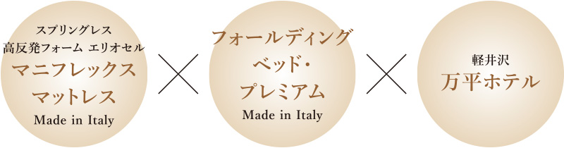 スプリングレス
高反発フォーム エリオセル
マニフレックス
マットレス
Made in Italy
×
フォールディング
ベッド・
プレミアム
Made in Italy
×
軽井沢
万平ホテル